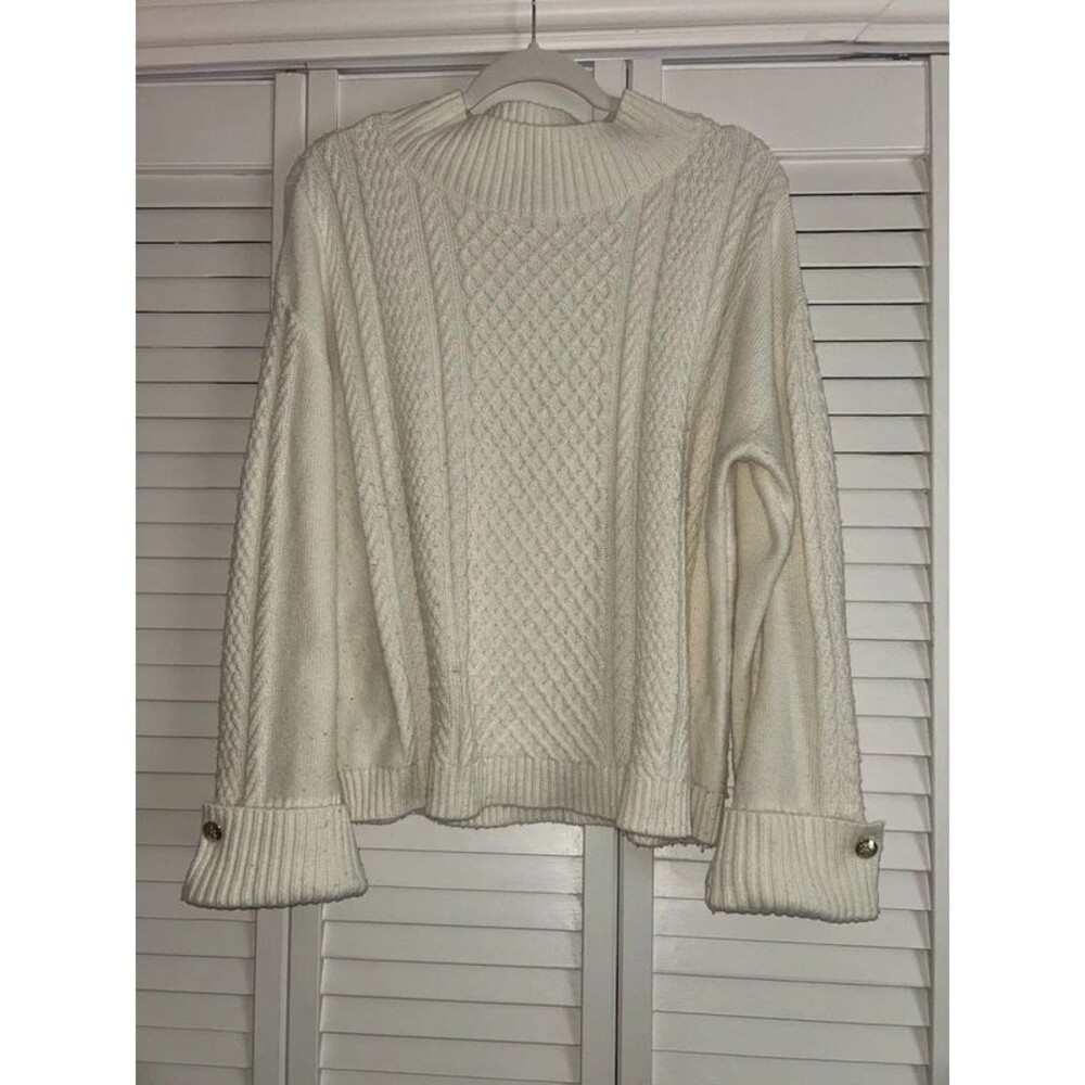 Talbots ivory cream mock turtleneck cable knit with button cuff detail L - Picture 2 of 6